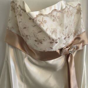 Jessica McClintock Strapless Satin and Lace Dress in Ivory and Champagne